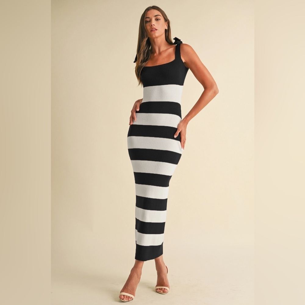 Endless Blu Shoulder Tie Stripe Sweater Knitted maxi Dress